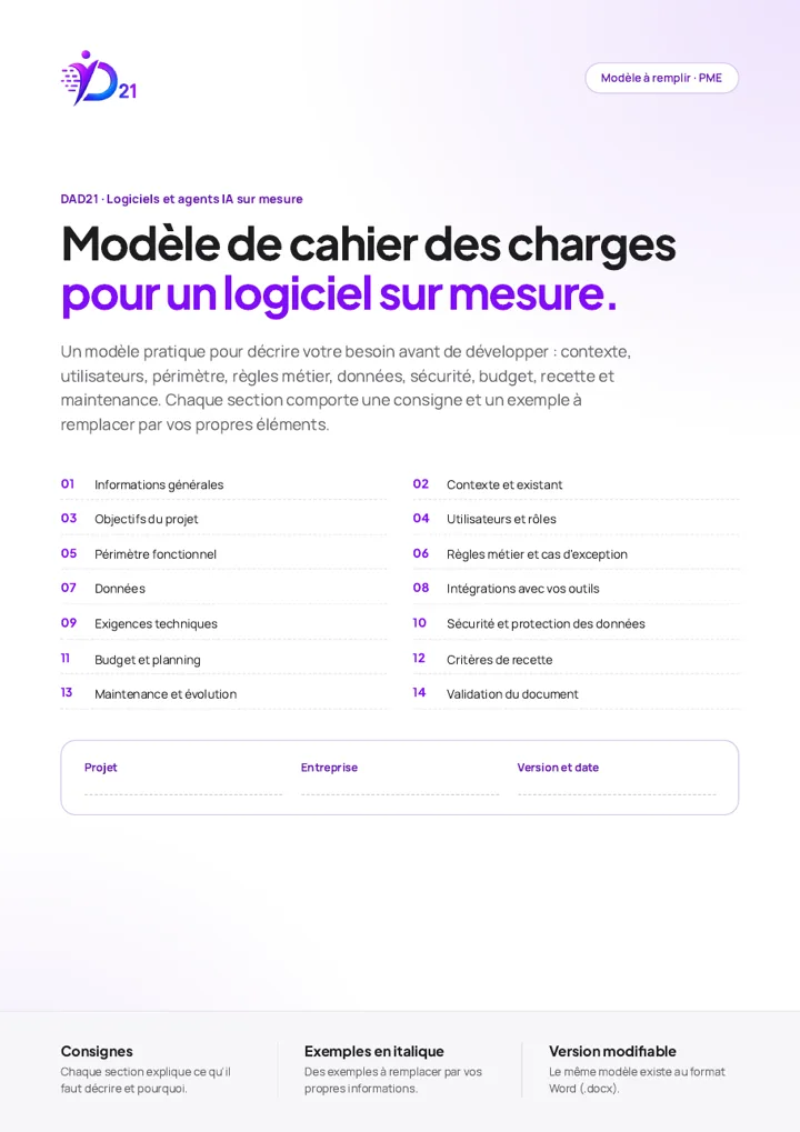 Couverture : Modèle de cahier des charges pour un logiciel sur mesure