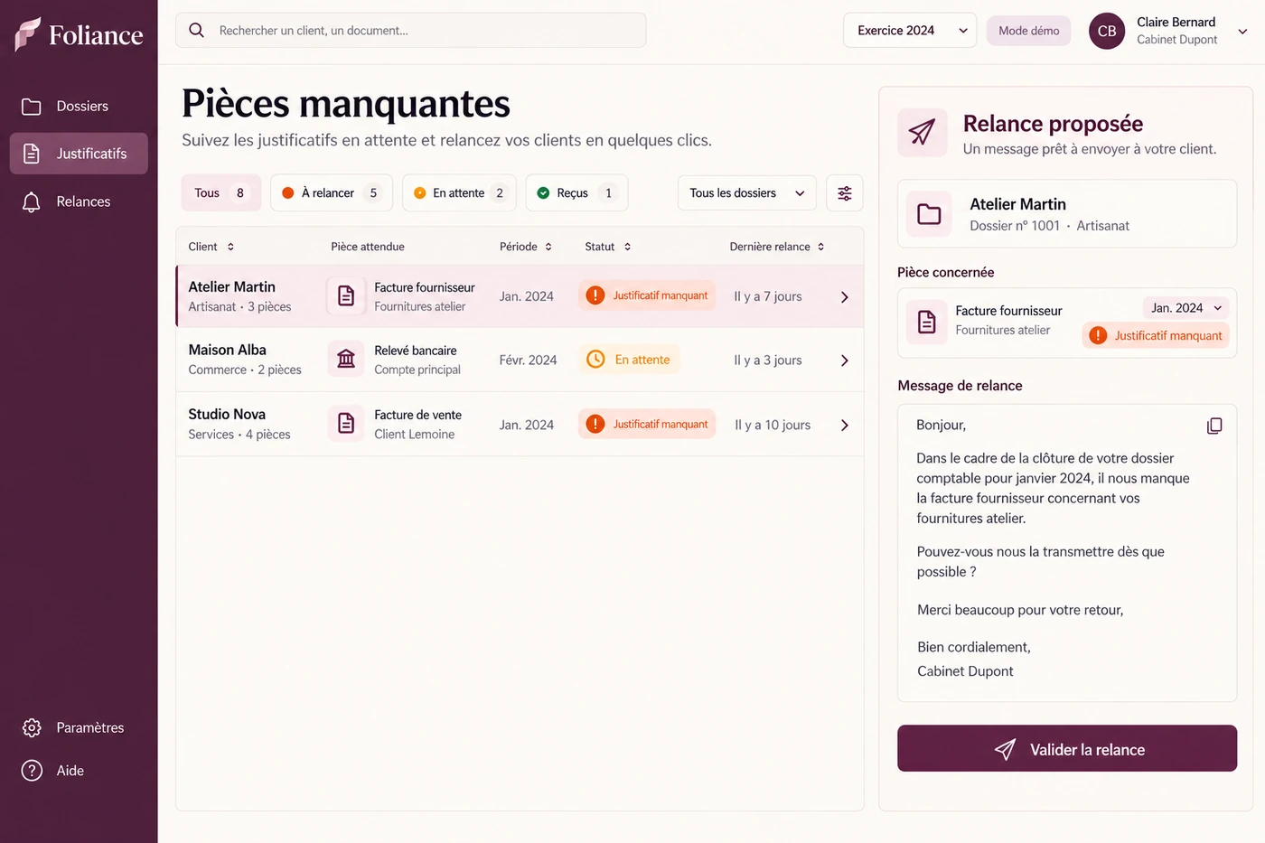 Foliance : suivi des pièces manquantes et préparation des relances