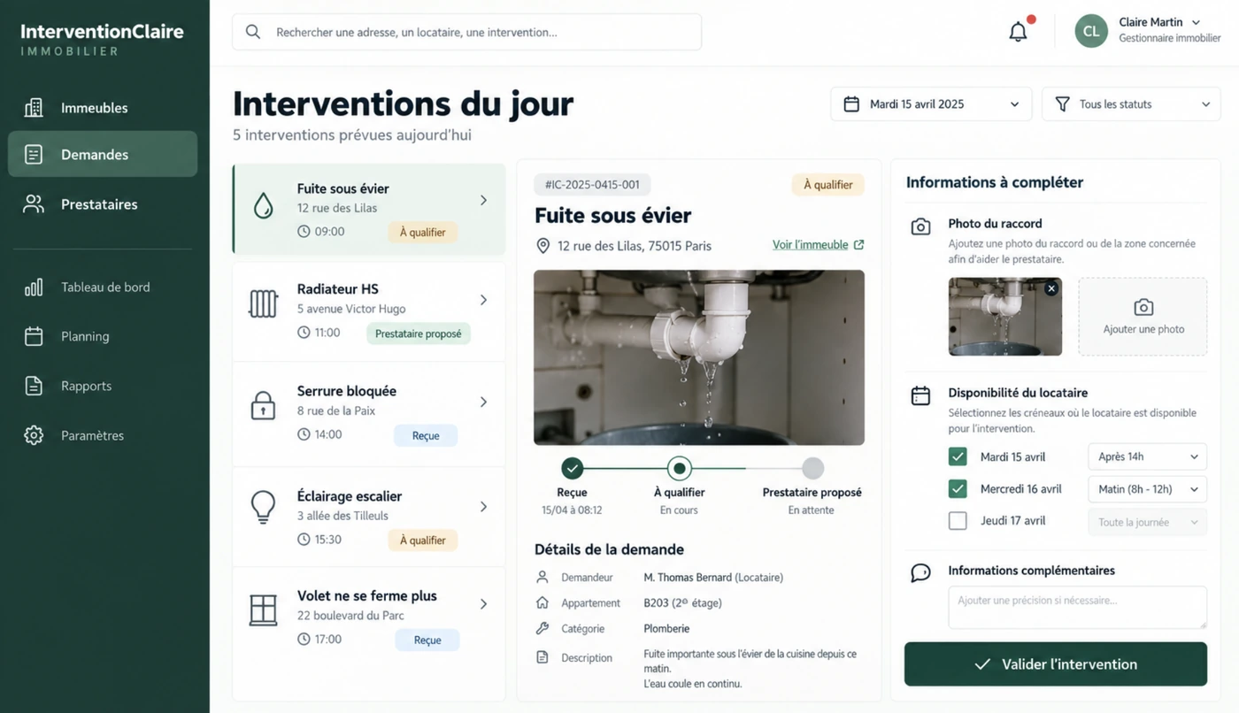 Interface du logiciel InterventionClaire